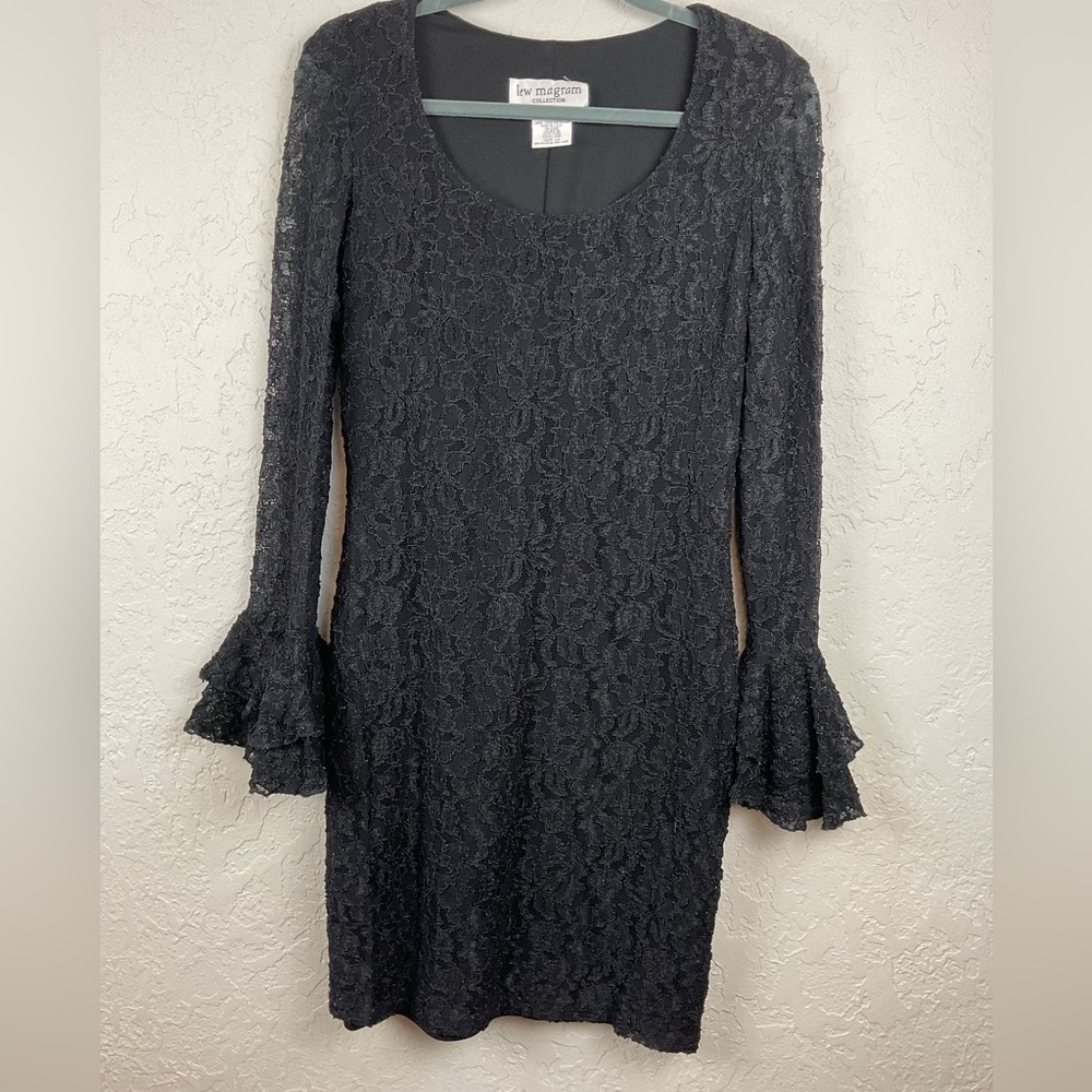 Vintage Lee Magram Black Lace Mini Cocktail Dress Poet Ruffle Sleeves Size 12